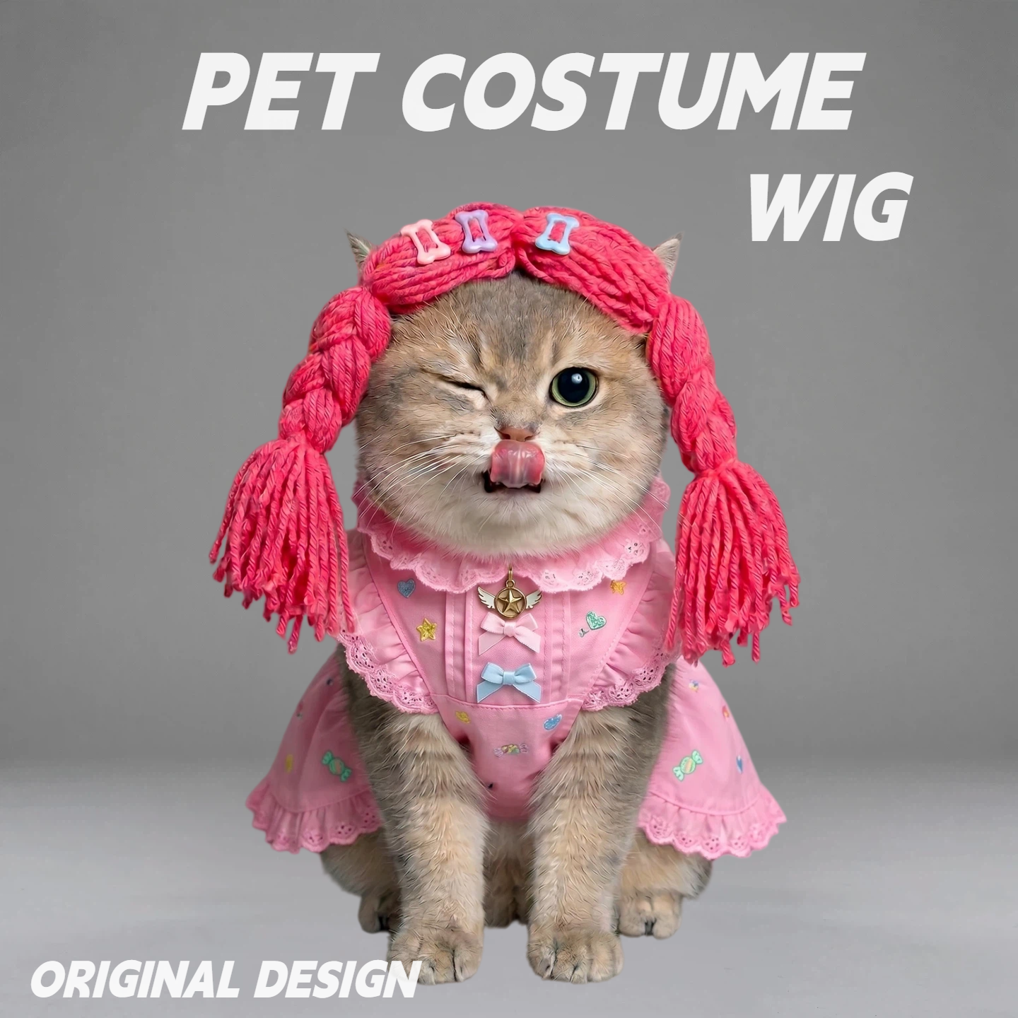 Dopamine Color Double Ponytail Knitted Pet Hair Accessory – Handmade Crochet Dress-Up Prop for Dogs & Cats