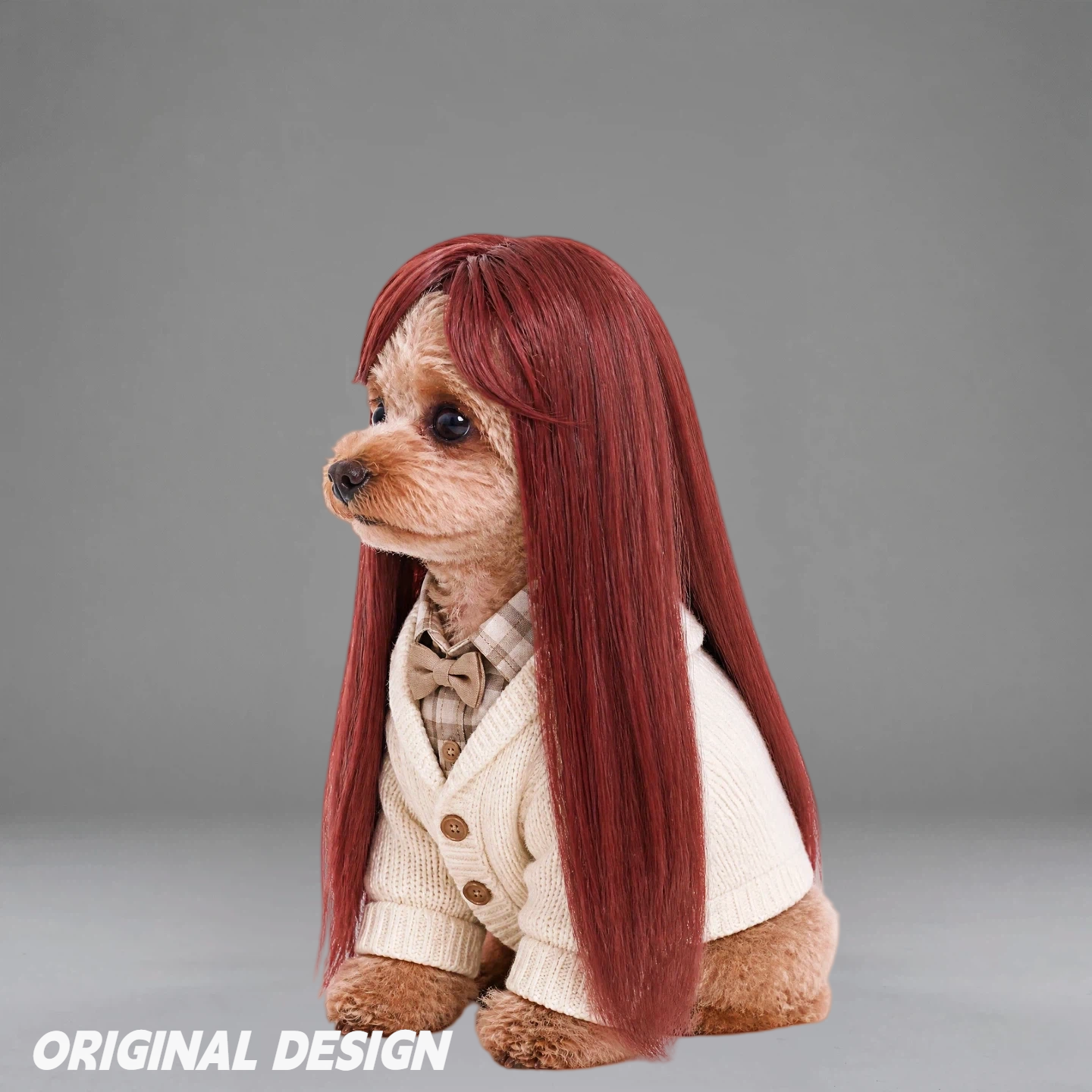 Burgundy Long Hair Pet Wig for Dogs & Cats – Stylish Costume Hairpiece for Cute Photos & Dress-Up