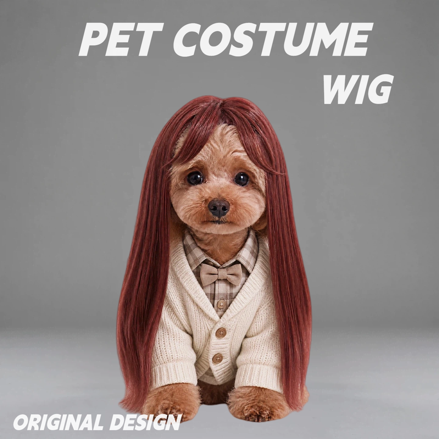 Burgundy Long Hair Pet Wig for Dogs & Cats – Stylish Costume Hairpiece for Cute Photos & Dress-Up
