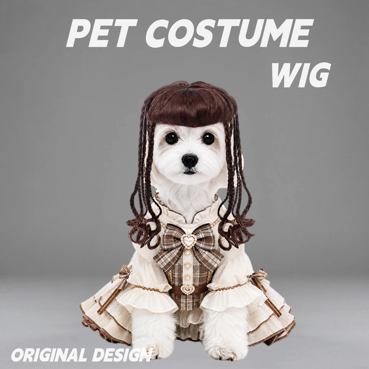 Brown Braided Pet Wig, Cute Gothic Lolita Style Wig with Bangs for Small Dogs & Cats