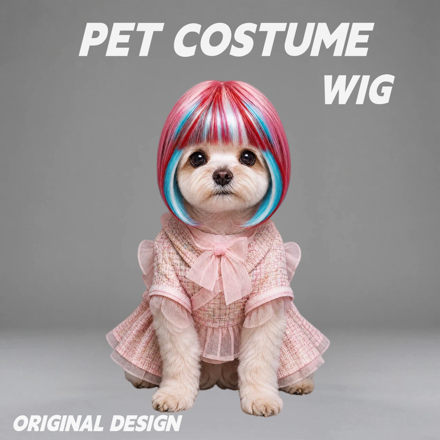 Pink Blue Ombre Bob Pet Wig, Adjustable Short Straight Hair Costume Wig for Small Dogs & Cats