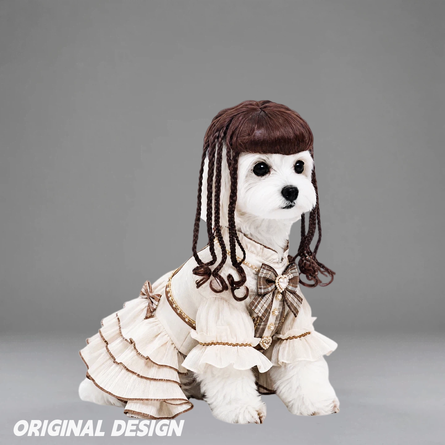 Brown Braided Pet Wig, Cute Gothic Lolita Style Wig with Bangs for Small Dogs & Cats