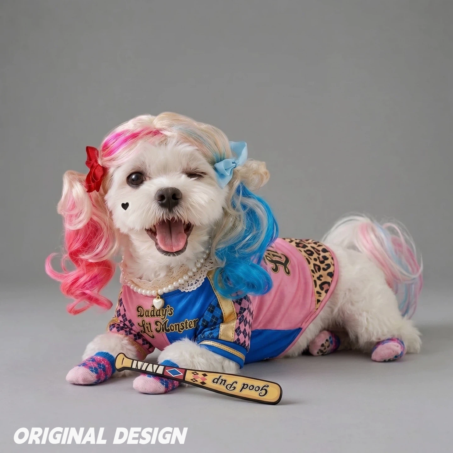 Red & Blue Twin Ponytail Pet Wig – Funny Punk Costume Hairpiece for Dogs & Cats