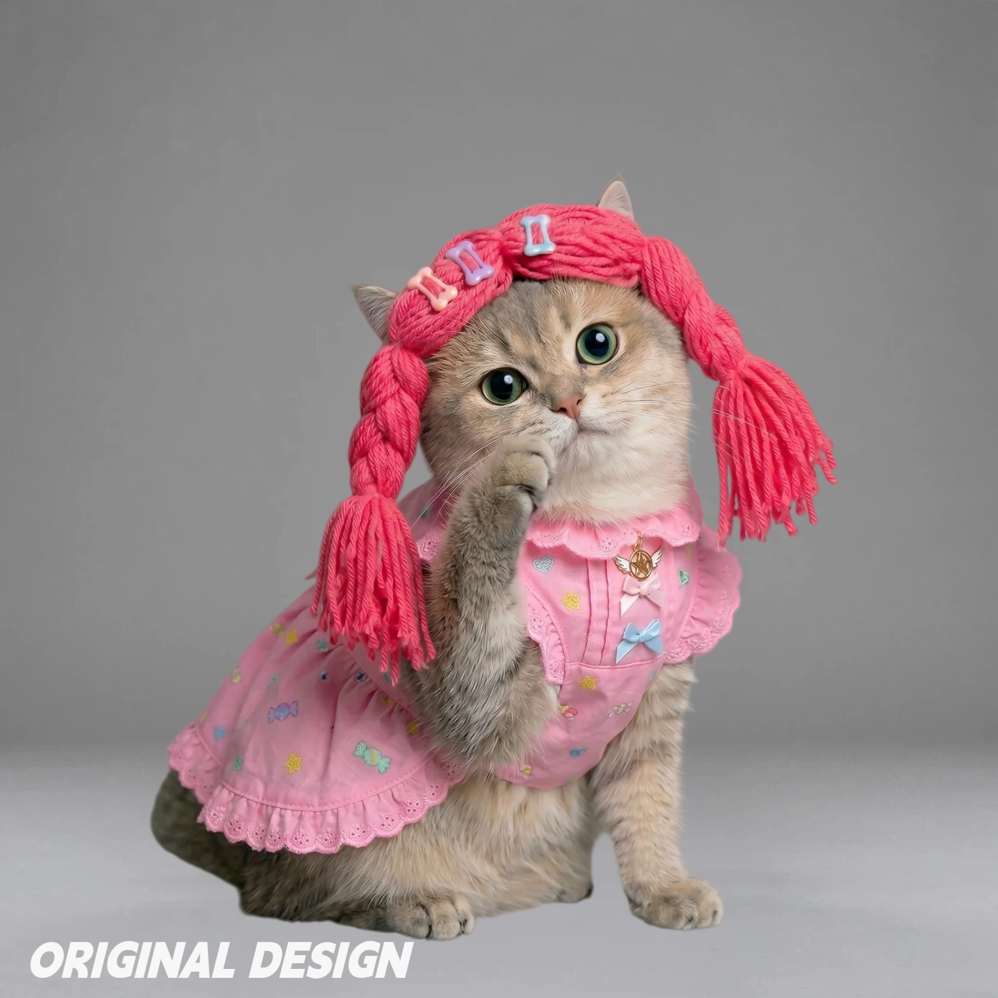 Dopamine Color Double Ponytail Knitted Pet Hair Accessory – Handmade Crochet Dress-Up Prop for Dogs & Cats