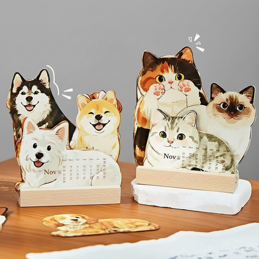 High-Aesthetic Healing Cat Design with Wooden Base, Dual-Purpose Desktop Decor & Calendar